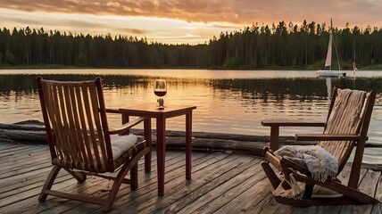 Fototapeta premium rocking chairs on a wooden dock overlooking a lake at sunset