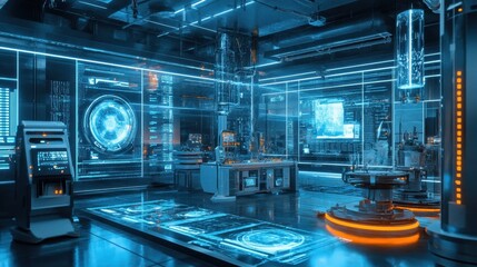 Fototapeta premium Futuristic Laboratory with Holographic Displays and Advanced Technology.