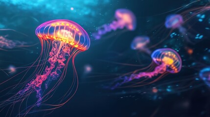 Fototapeta premium Vibrant Bioluminescent Jellyfish Swimming in Deep Blue Ocean Water - Underwater Photography