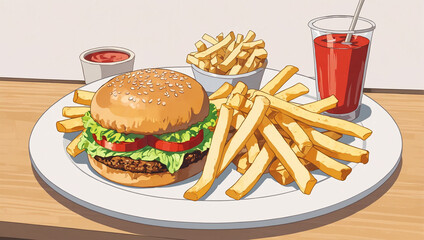 Cheeseburger illustration with fries, cartoon style, AI Generated 10
