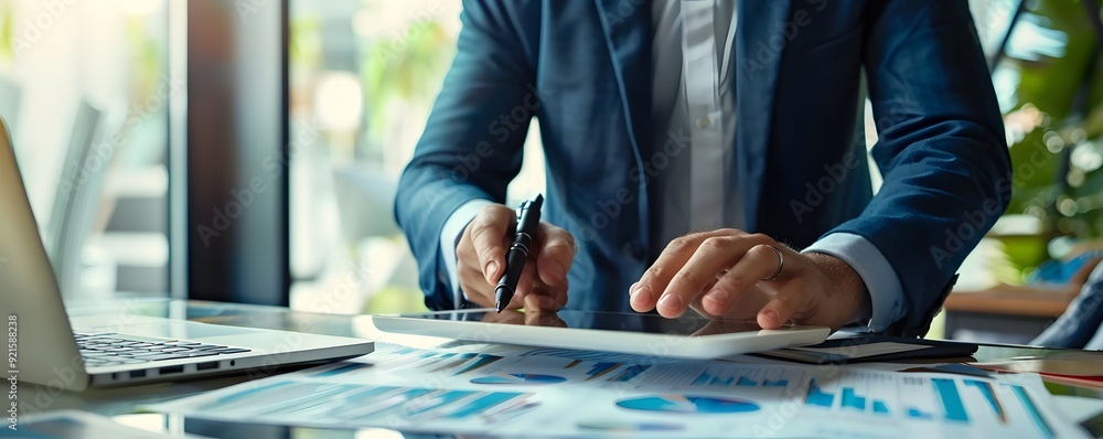 Poster businessman analyzing data on a tablet and graphs