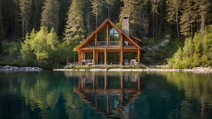 Fototapeta premium wooden cabin sits on the shore of a calm lake,