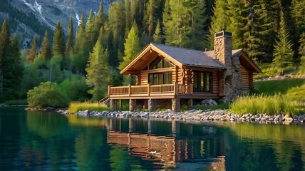 Fototapeta premium wooden cabin sits on the shore of a calm lake,