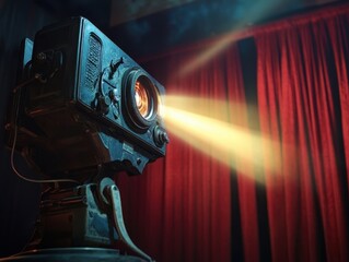 Vintage Film Projector Casting Light on Red Stage Curtains.