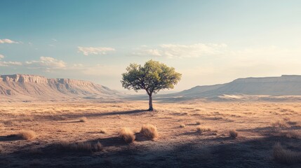 Obraz premium Single Tree in a Desert Landscape with Mountains in the Background.