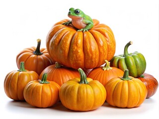 Fototapeta premium Vibrant orange pumpkins of various shapes and sizes are arranged artfully on a clean white background, accompanied by a small green frog perched on top.