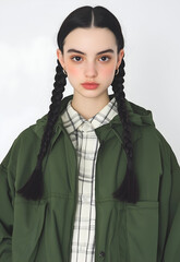 Young Woman with Braided Hair in a Green Sporty Jacket