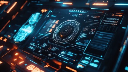Obraz premium Futuristic Interface Design - Blue and Orange HUD Display with Glowing Digital Elements.