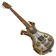Obraz premium 3D Render, Low Poly style of a vintage steampunk-style electric bass with brass accents, on isolated white background
