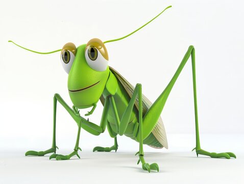 A 4D cartoon grasshopper with long legs jumping on 145 1750 grasshopper, insect, green, macro, animal, locust, isolated, nature, bug, cricket, white, closeup, antenna, pest, jump, grass, hopper, close