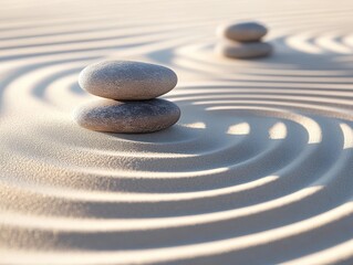 Zen Garden Stones Stacked on Sand with Ripples - Tranquility, Meditation, Mindfulness.