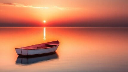 Naklejka premium Calm Sunrise with Rowboat on Still Water.