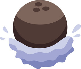 Whole coconut splashing into milk or water, refreshing summer drink