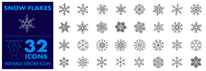 Snowflake Icon Christmas Pattern. Merry Christmas snow flake pattern design, Editable Stroke Icon. Simple black line icons snow, Seamless snowflake vector set Icons.