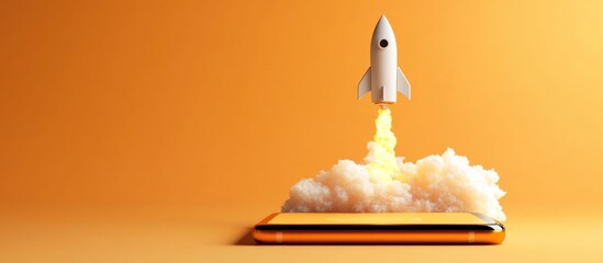 Rocket Launching From Smartphone on Orange Background