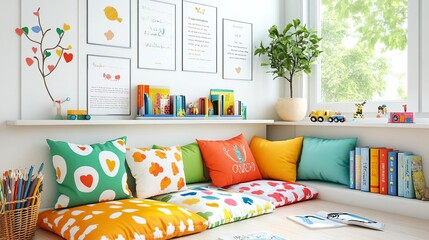 Kid s reading corner with colorful cushions, whimsical decor, and playful ambiance