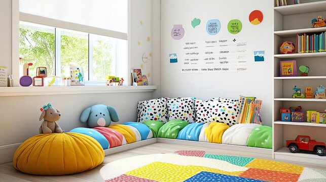 Kid s reading corner with colorful cushions, whimsical decor, and playful ambiance