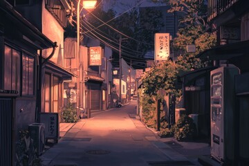A quiet Tokyo street with soft neon lights and empty sidewalks. Cozy vibe, Generative AI (