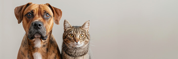 Obraz premium A closeup of an adorable dog and cat sitting side by side against a neutral background, showcasing their expressive faces.