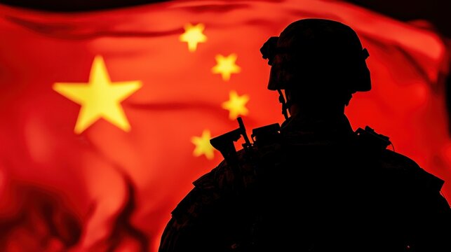 Silhouette of a Soldier with Chinese Flag in Background.