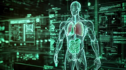 Human Anatomy 3D Model with Digital Interface - Green  Glow Effect