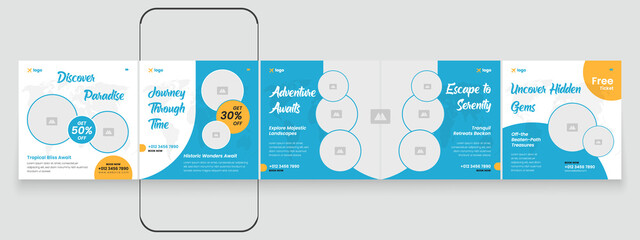 Editable travel social media carousel post. Holiday and tour advertisement post design. Travel social media post template. Instagram travel post design. © Tarek Digital