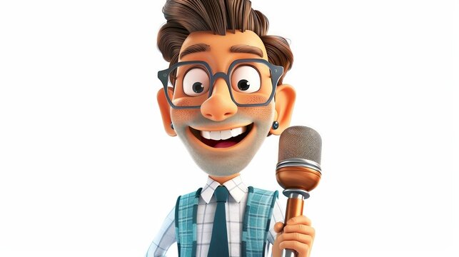 A 4D cartoon radio host with a microphone on a whi 25 2528 cartoon, vector, illustration, boy, character, business, people, person, fun, face, funny, woman, kid, idea, worker, child, men, comic, drawi