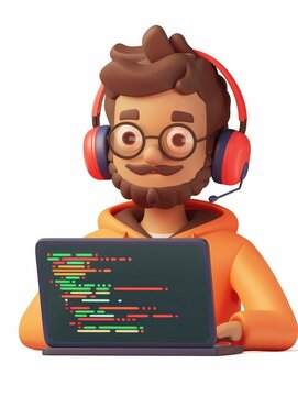 A 4D cartoon software developer with a laptop codi 268 491 cartoon, 3d, boy, computer, illustration, vector, laptop, character, glasses, child, funny, monitor, school, book, pilot, person, business, p