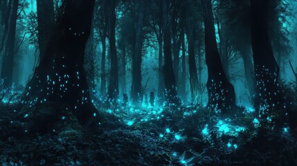 Eerie Blue Glowing Forest at Night - Mystical and Magical Forest Scene.