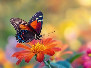 Obraz premium Colorful Butterfly on Orange Flower with Blurred Background.