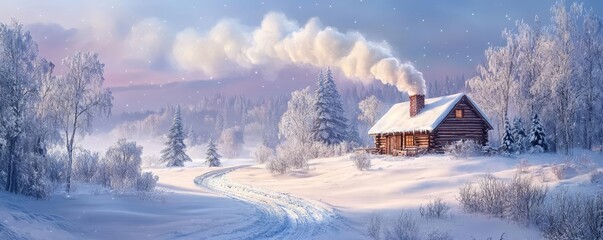 Winter landscape with a cozy cabin, smoke from the chimney, inviting and homely