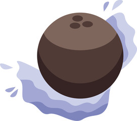 Whole coconut is splashing into water, creating blue waves around it