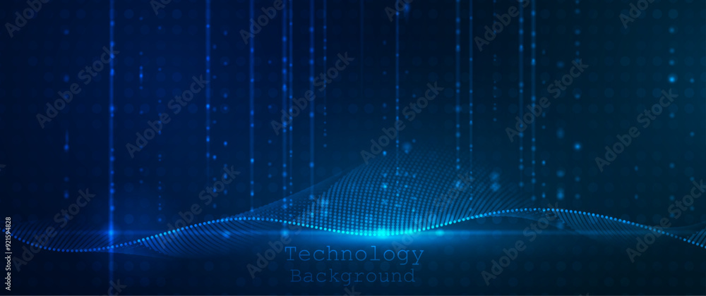 Poster Illustration vector abstract wave, flow line, motion pattern and particle dot on dark blue background. Modern futuristic, big data design for background. Digital datum, high tech, technology concept