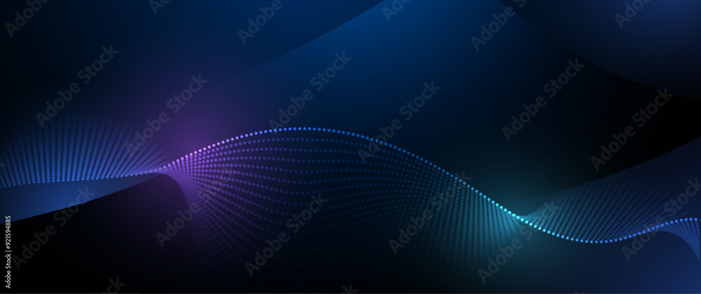 Fototapete Illustration vector element with abstract wave line, motion pattern and particle dot on dark blue background. Modern futuristic design for background. Digital datum, high tech, technology concept
