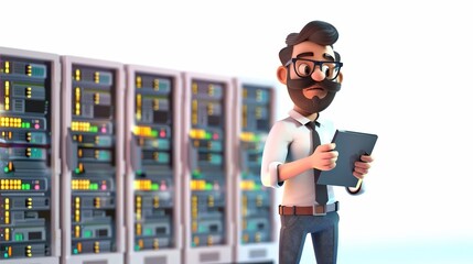 A 4D cartoon network administrator with servers on 211 1623 business, computer, people, holding, businessman, person, woman, technology, student, hand, education, cartoon, internet, laptop, work, book
