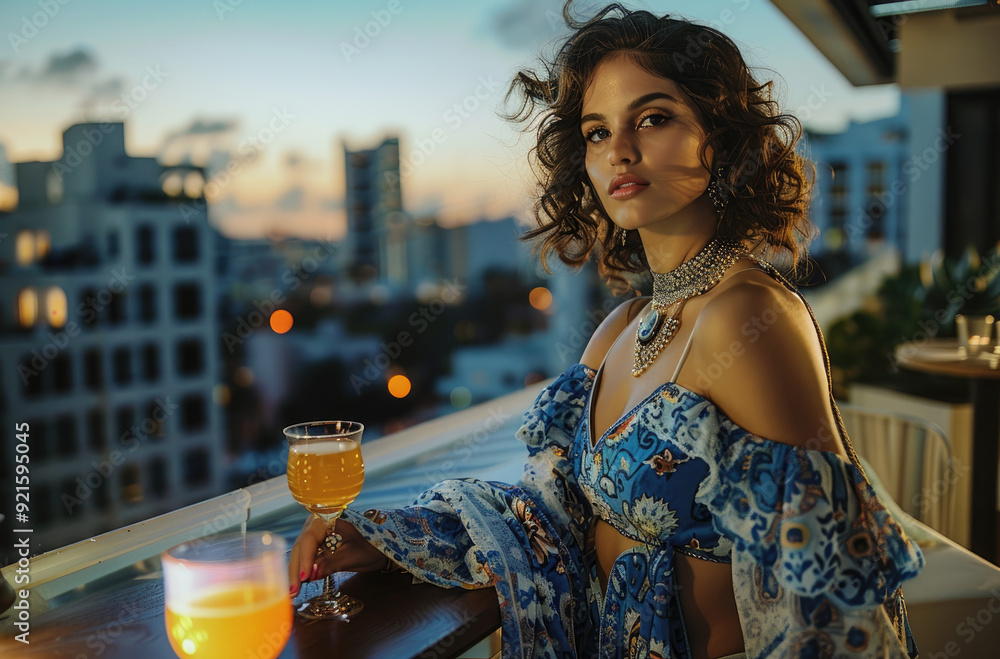 Poster a beautiful woman wearing modern high fashion. she is posing at an elegant rooftop bar in the city w