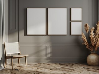 Living room light interior with set of empty clean canvas frames on interior wall for mockup. AI generated