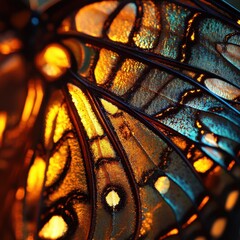 Macro Photography of Butterfly Wing with Golden and Teal Patterns