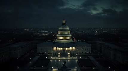 Aerial View of the US Capitol Building at Night with Dramatic Cloudy Sky.