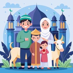 Naklejka premium A group of happy muslim families celebrating Eid al-Adha