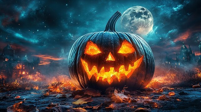 A Carved Pumpkin Glowing In a Burning, Haunted Landscape