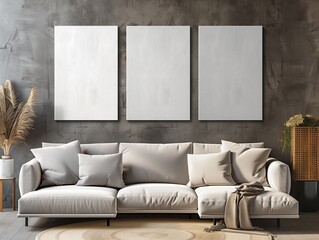 Living room light interior with set of empty clean canvas frames on interior wall for mockup. AI generated