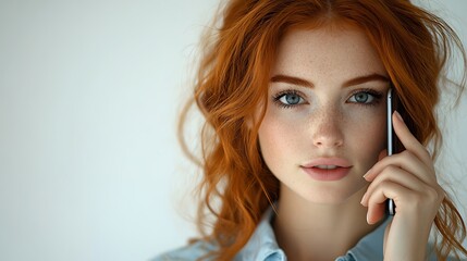 Red-haired woman talking on smartphone, casual.