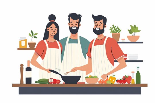 A couple enjoying a healthy cooking class together 5 1410 food, cartoon, chef, vector, woman, cooking, cook, people, illustration, restaurant, kitchen, table, dinner, eating, couple, meal, breakfast, 
