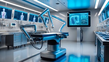 Robotic Surgery Arms in a High-Tech Medical Lab with Monitors