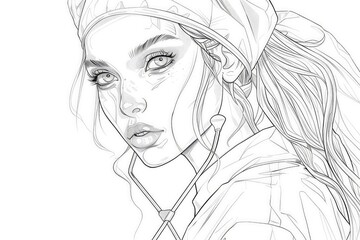 Fototapeta premium Nurse line art 2 colors 157107 woman, face, hair, beauty, sketch, fashion, illustration, vector, art, model, drawing, eyes, person, people, lips, head, black, lady, line, eye, silhouette, design, long