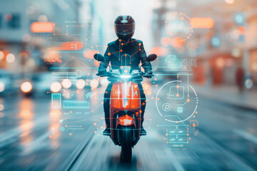 A man is riding a scooter with a helmet on by AI generated image