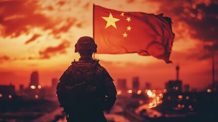 Silhouette of a Soldier Standing in Front of a Chinese Flag at Sunset with City Lights in the Background