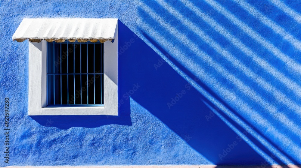Poster soft light casts intriguing patterns on a blue wall featuring a decorative window and awning