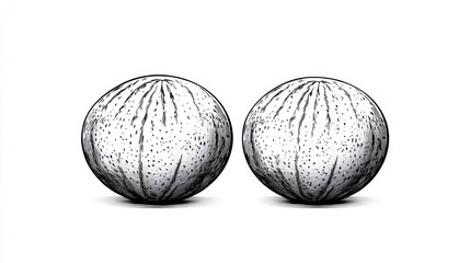 A pair of melons sketched in minimalistic line art, with delicate shading, set against a white background
